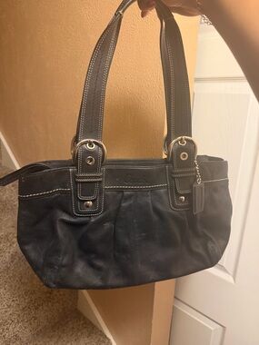 Coach Black Leather Shoulder Bag with Contrast Stitching